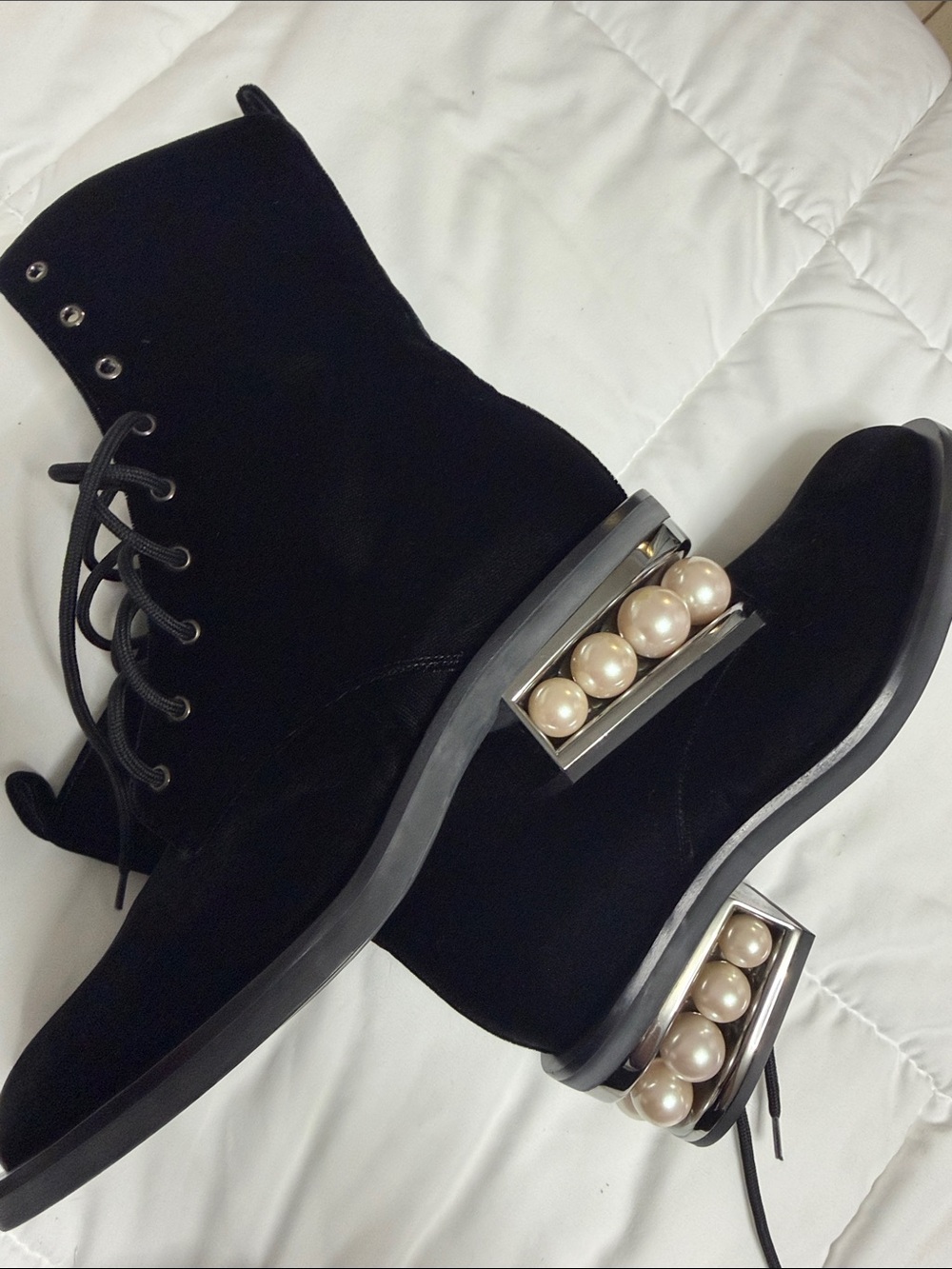 Nicholas Kirkwood Black Velvet Lace-Up Boots with Pearl-Trim Heel - Picture 7 of 7